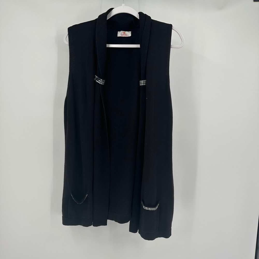 Quacker Factory Womens Black Cotton Rhinestone Open Front Longline Vest Layering
